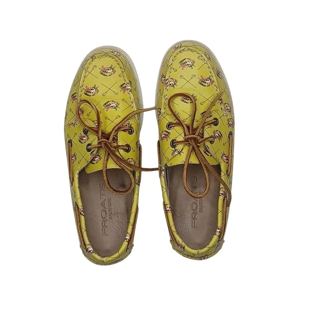 Froats Boat Shoes Mens 6 Yellow Leather Crab Lacrosse Print Nautical Loafers‎